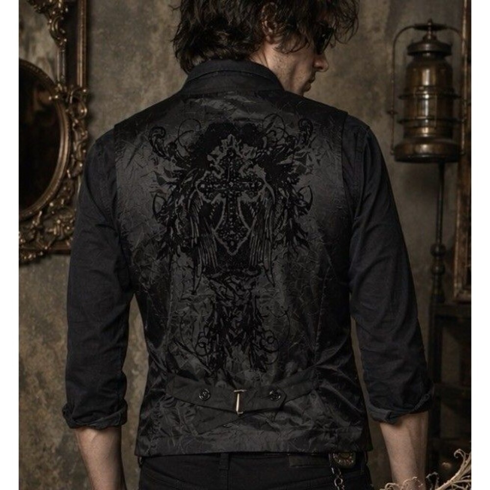 Guess Black Button Vest Waist Coat Y2K Cyber Grunge Punk Emo Studded Velvet M